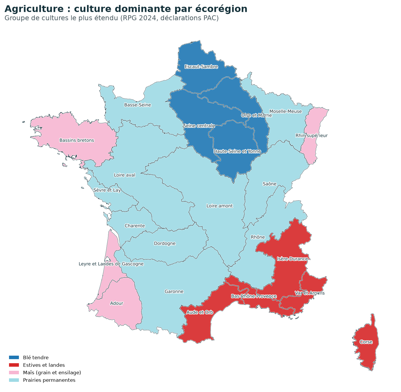 Culture dominante par écorégion (RPG 2024, groupe de cultures le plus étendu).