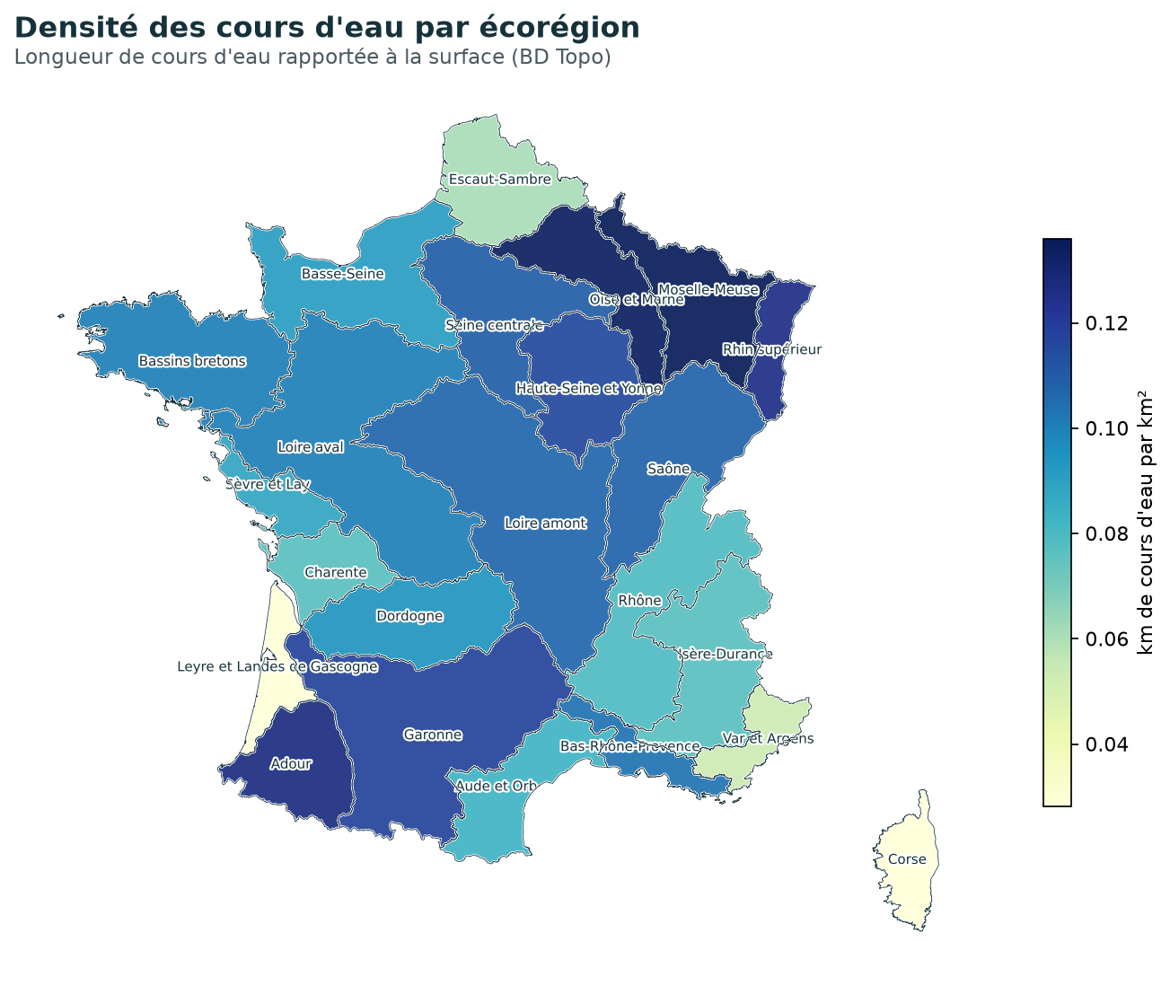 Densité des cours d'eau par écorégion.