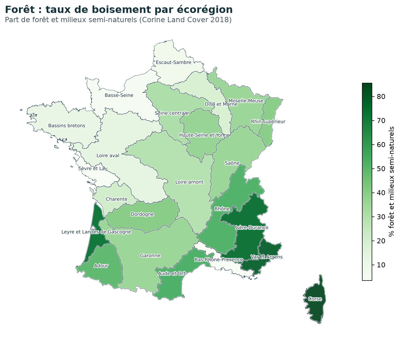 Taux de boisement par écorégion, part de forêt et milieux semi-naturels (Corine Land Cover 2018).