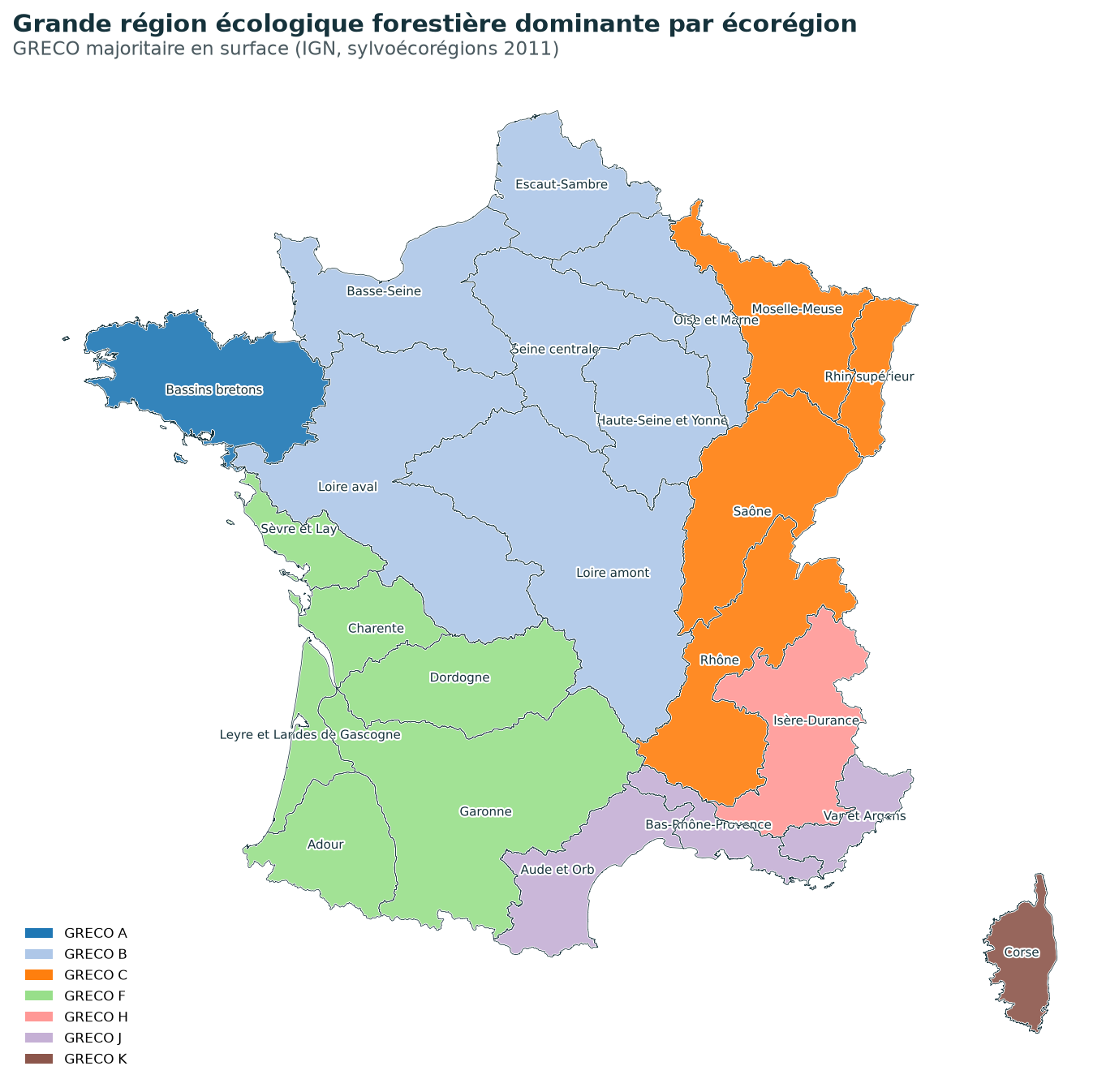 La grande région écologique forestière dominante dans chaque écorégion (IGN, sylvoécorégions).